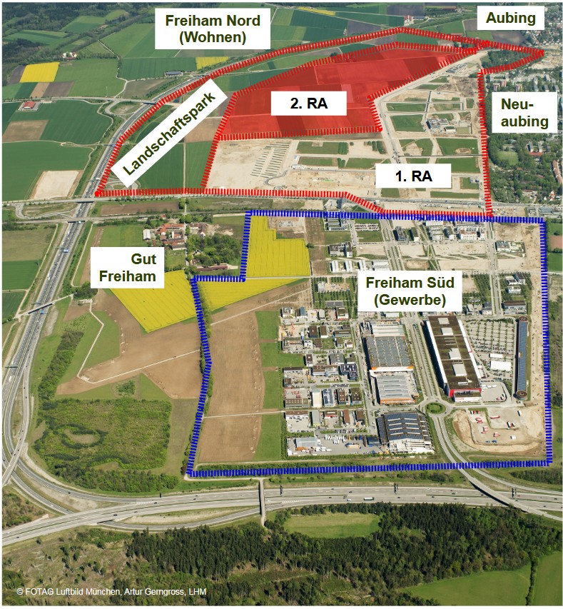 Luftaufnahme des gesamten Areals Freiham mit markierten 2. Realisierungabschnitt im Nordwesten zwischen Landschaftspark westlich und 1. Realisierungsabschnitt östlich