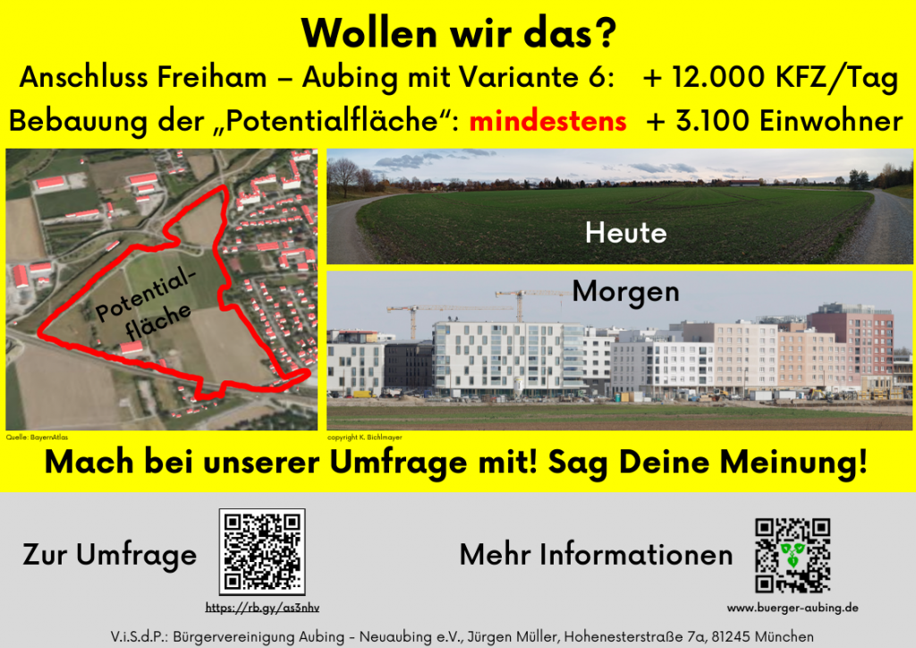 Wollen wir das? Anschluss Freiham mit Variante 6: +12.000 KFZ am Tag. Bebauung der Potentialfläche: mindestenes +3.100 Einwohner. Mach bei unserer Umfrage mit! Sag deine Meinung!